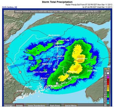 Radar depiction of total rainfall amounts.
