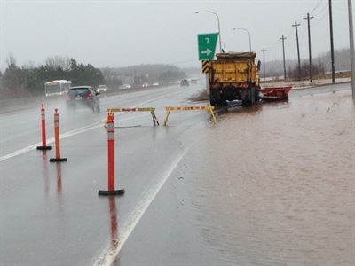Water over road at Wheeler-Boulevard in Moncton.