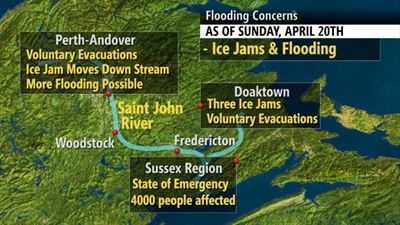 Carte indiquant les communautés touchées par les inondations