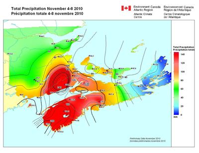 Carte d’Environnement Canada affichant les précipitations totales régionales pour une partie de l’événement